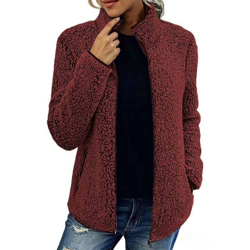 Dames Teddy Fleece Jas met Hoge Kraag en Rits