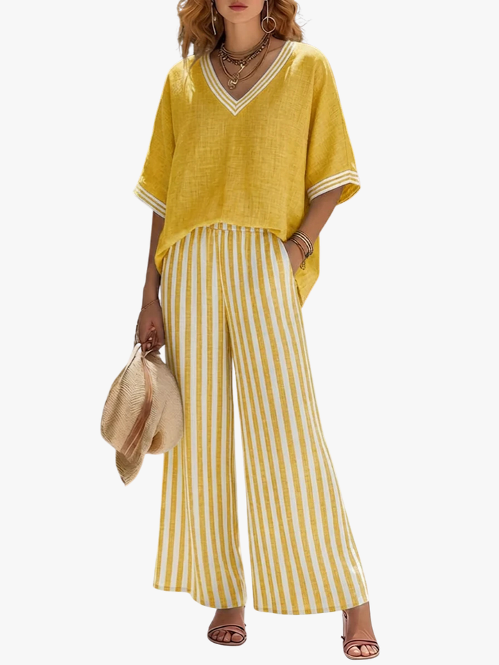 TWEEDELIGE SET MET V-HALS TOP EN BREDE BROEK VOOR VROUWEN