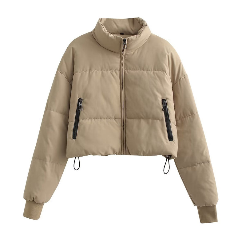 Dames Cropped Puffer Jas met Hoge Kraag en Zijzakken