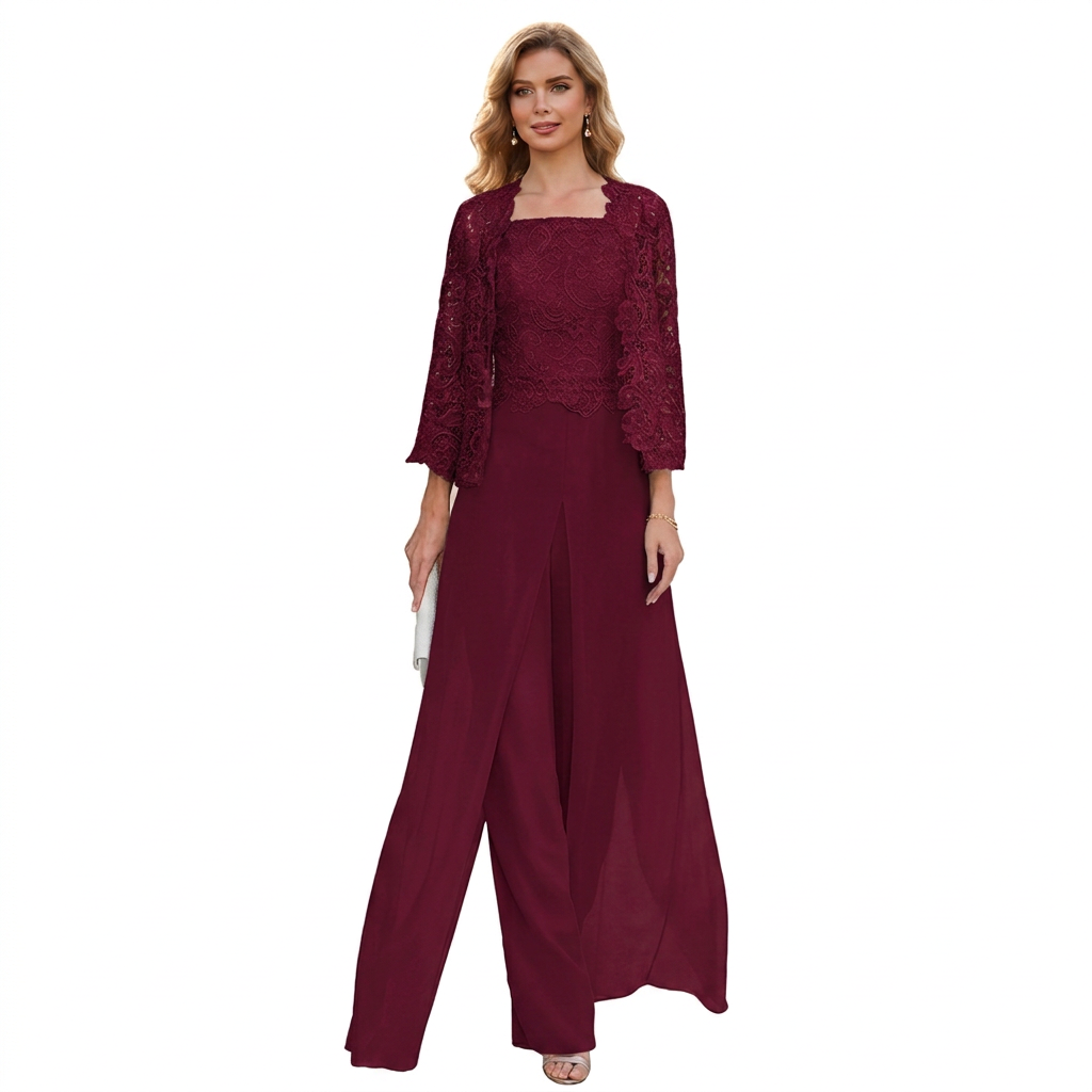 ELEGANTE 3-DELIGE CHIFFON PANTALONSET MET KANT VOOR DAMES