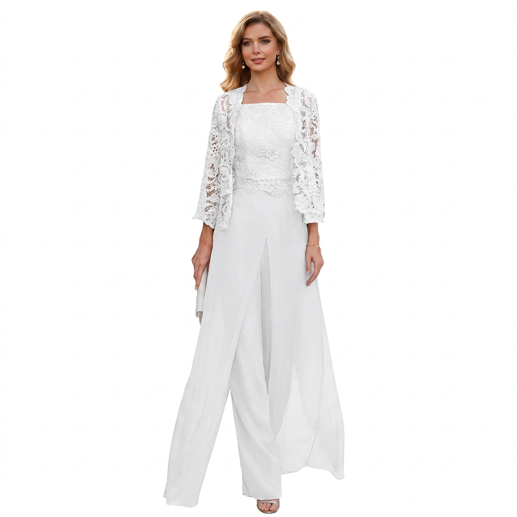 ELEGANTE 3-DELIGE CHIFFON PANTALONSET MET KANT VOOR DAMES