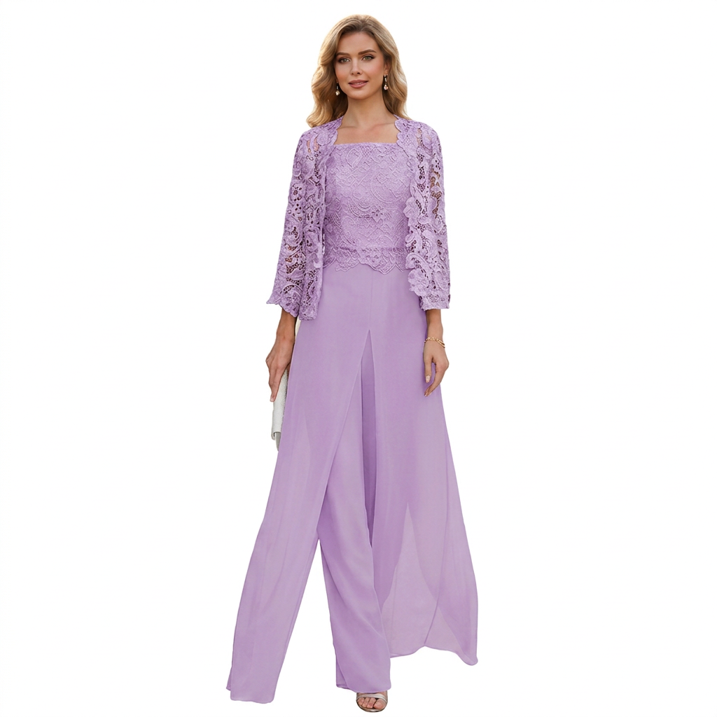 ELEGANTE 3-DELIGE CHIFFON PANTALONSET MET KANT VOOR DAMES
