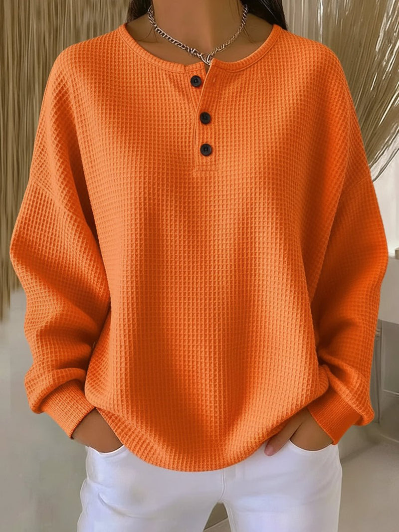 Dames Wafelstrik Henley Trui Oversize met Lange Mouwen